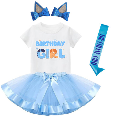 K-Acc Birthday Girl Outfit T-Shirt Blue Ears Tutu Dress Satin Sash Size 8