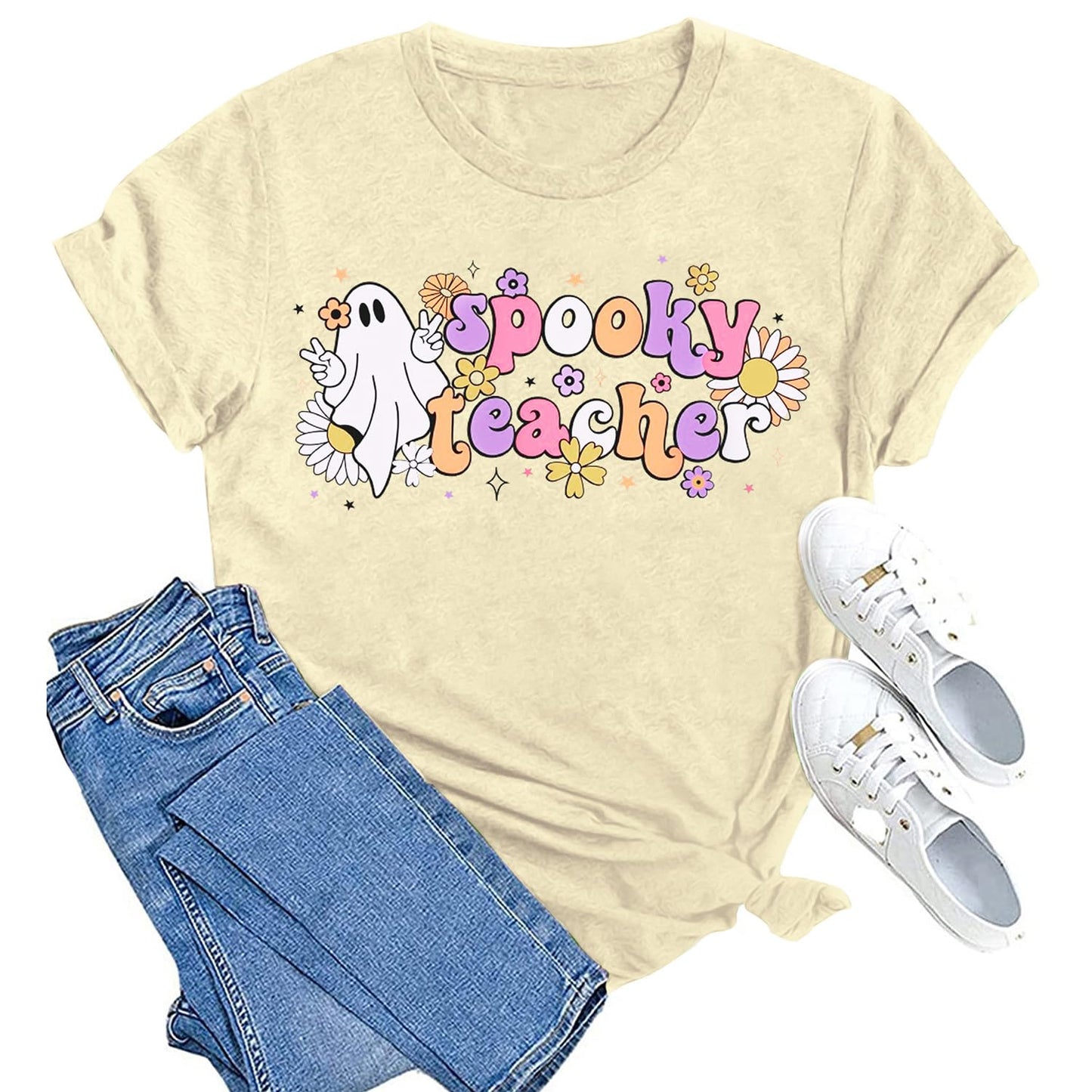 MAIHUN Women's Halloween Teacher Ghost Cartoon T-Shirt Cream Size L