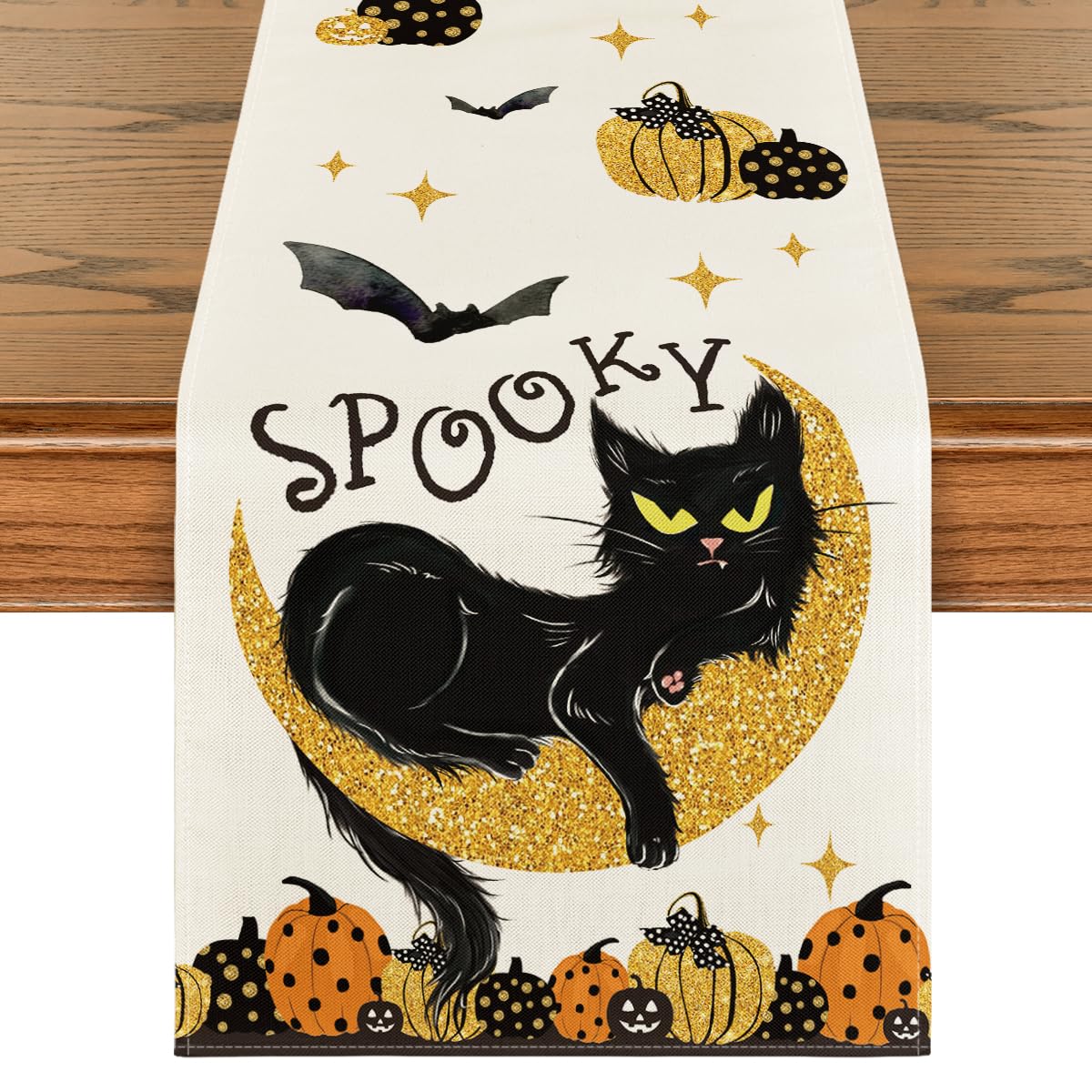 Artoid Mode Halloween Table Runner Black Cat Pumpkins Moon 13x72 Inch Beige