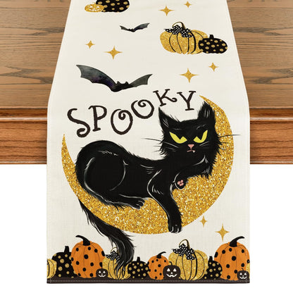 Artoid Mode Halloween Table Runner Black Cat Pumpkins Moon 13x72 Inch Beige
