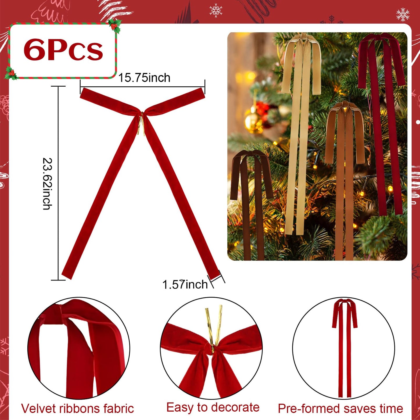 Rokkibom 6 PCS Large Khaki Velvet Ribbon Bows 23.5x15.5 Inch Christmas Decor