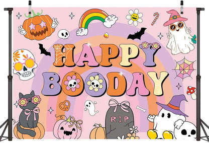 CUMIA Groovy Happy BooDay Banner Backdrop 6x4FT Boho Rainbow Ghost Halloween
