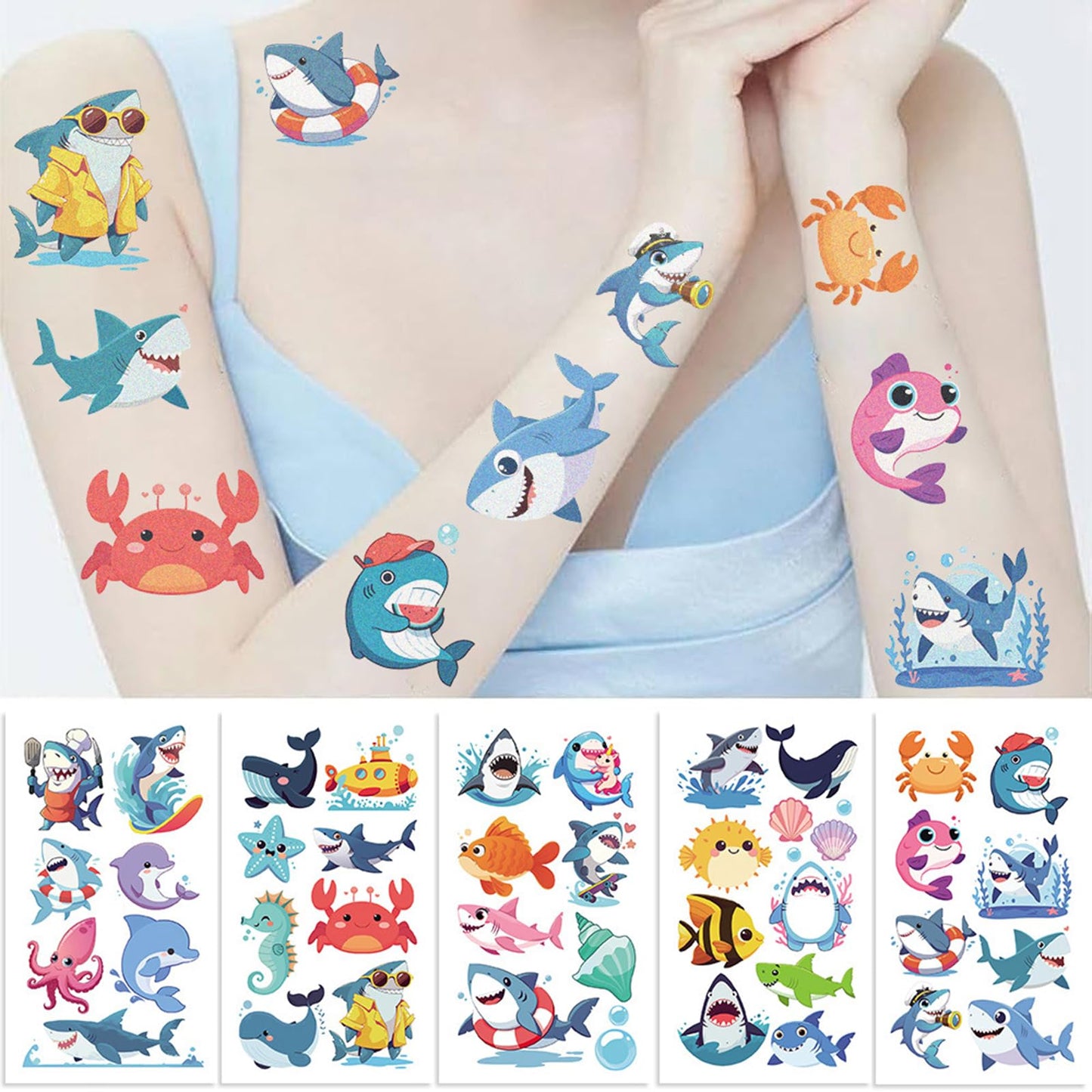 SBOBUY Shark Temporary Tattoos 10 Sheets Birthday Party Supplies Green
