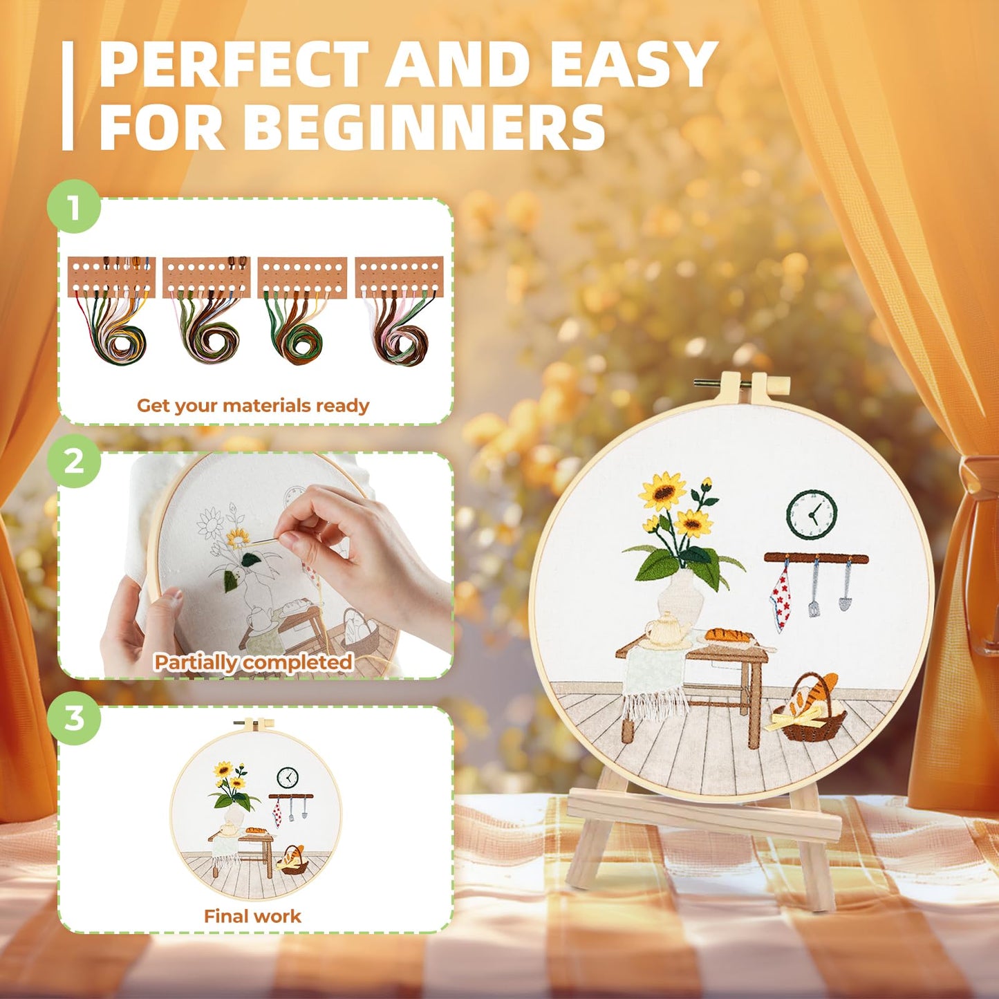 4 Pack Beginner Embroidery Kits DIY Starter Kit w Hoop Threads Tools