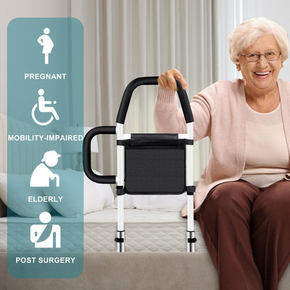 Okvpajdo Adjustable Bed Rail with 2Grab Bars Safety Guard Black White King Queen