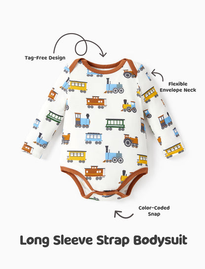 PATPAT Baby Boys Bodysuits 2-Pack Long Sleeve Train Print Brown Car Size 18-24M