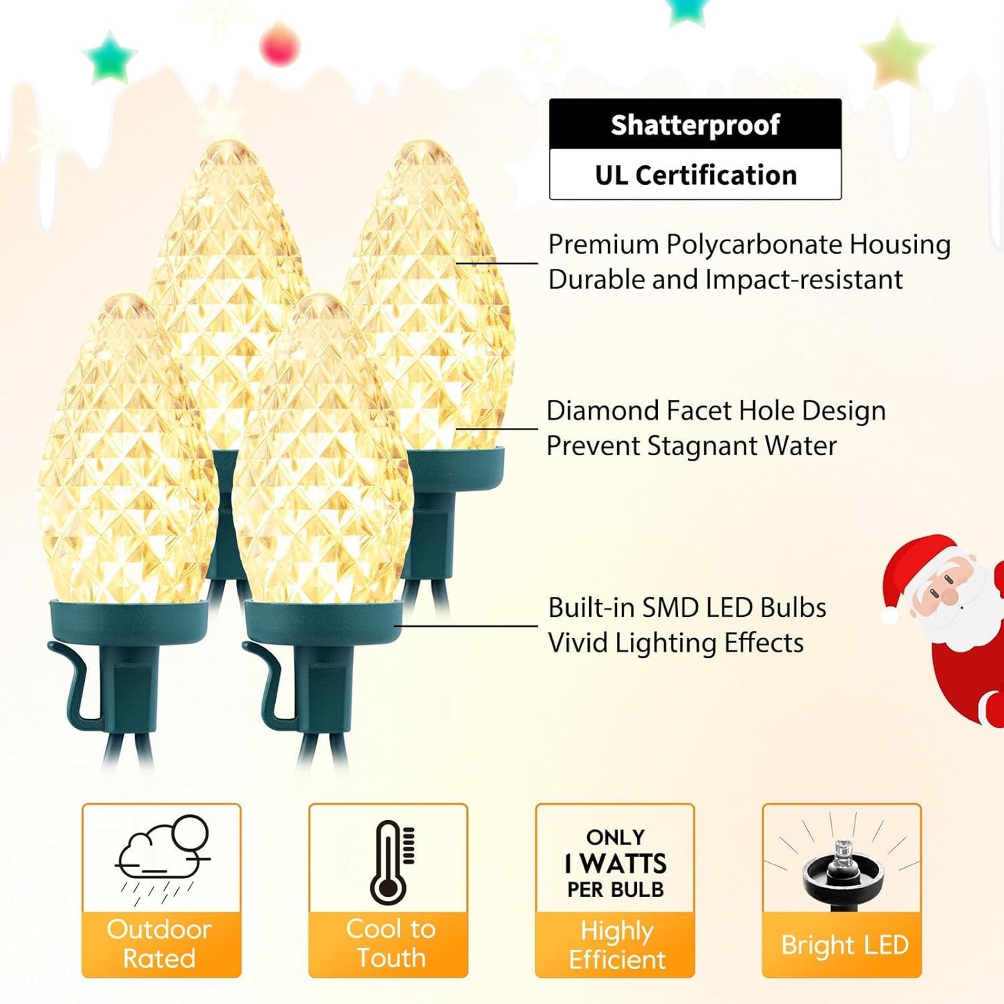 Brightown C9 LED Christmas String Lights 66ft 100 LED Warm White