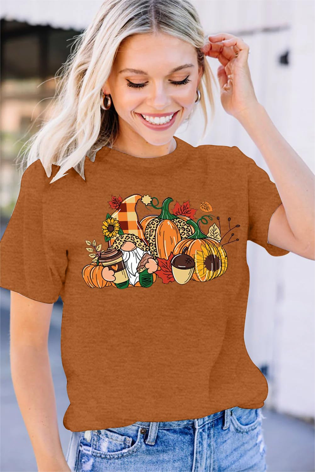 MAIHUN Womens Thanksgiving Shirt Cute Gnomes Pumpkin Fall Short Sleeve Size S