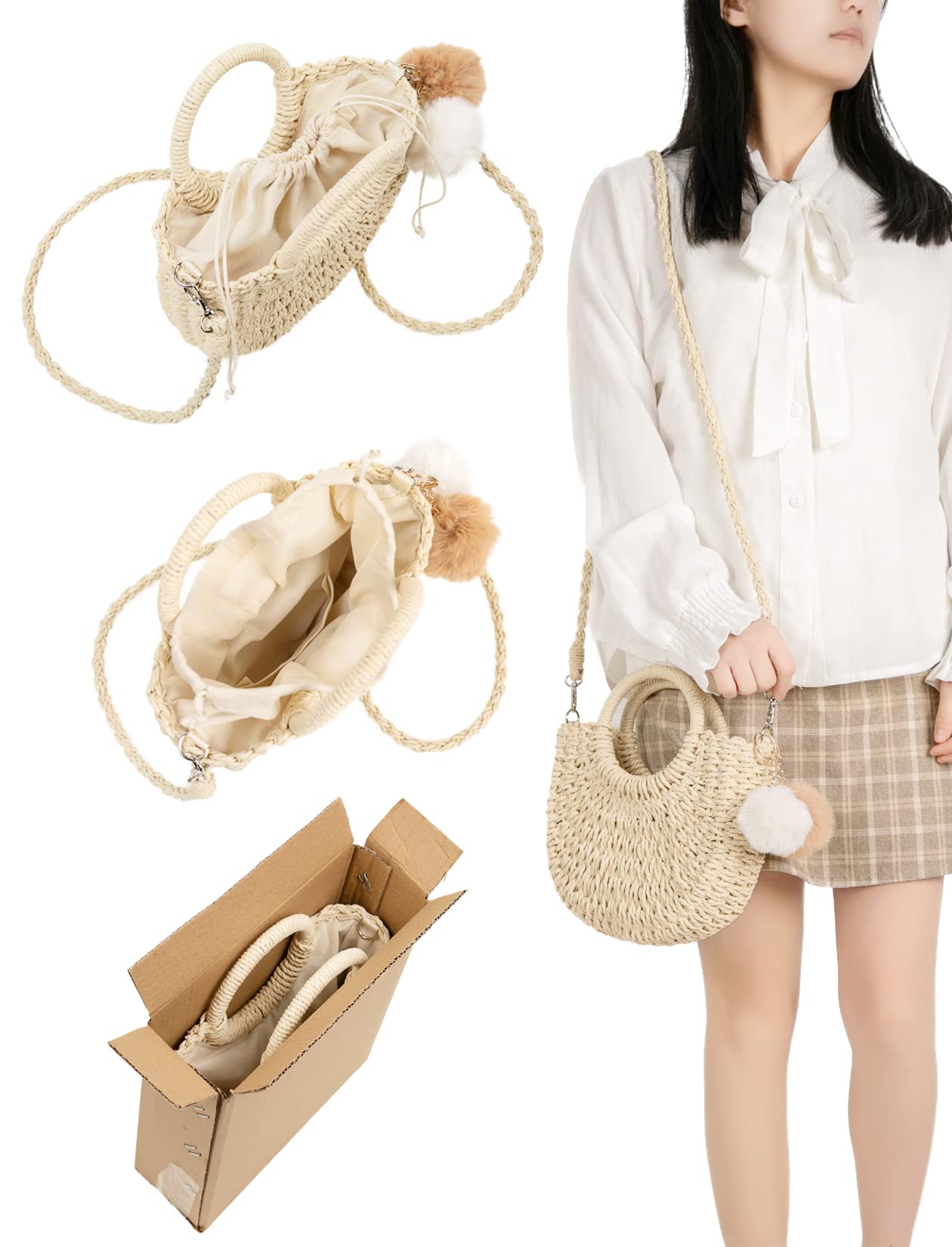 Garemcy Women's Straw Crossbody Mini Travel Shoulder Tote Bag Beige