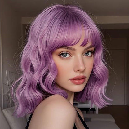 BATISI Lavender Pink Wavy Bob Synthetic Wig Short Shoulder Length Bangs