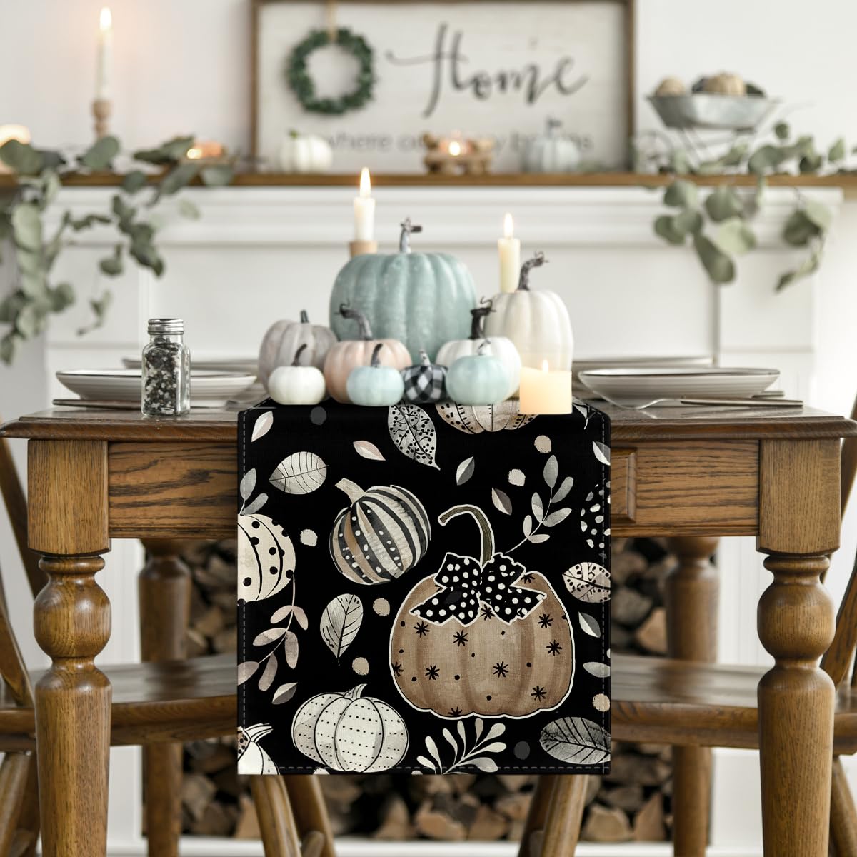 Artoid Mode Harvest Pumpkin Darkness Floral Table Runner Black 13x90 Inch