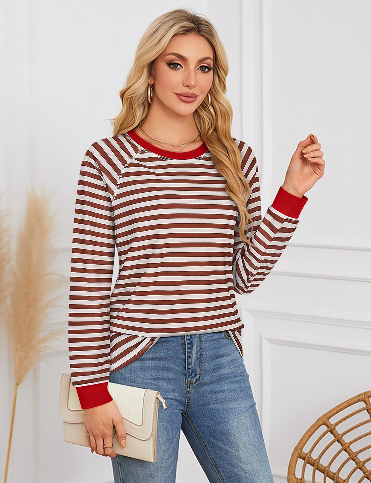 Misyula Style Plus Size Striped Crewneck Sweatshirt Red Brown Size XXL