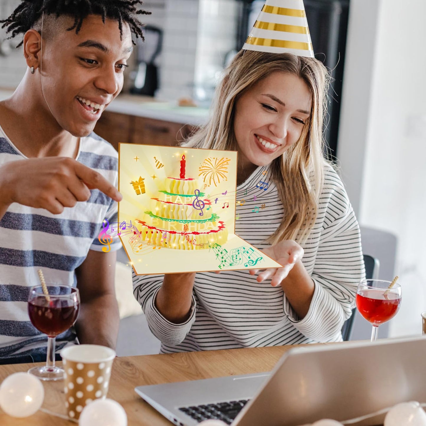 CANREVEL 3D PopUp LED Birthday Card Blowable Candle Music Black Gold
