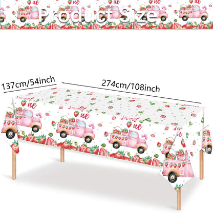 PHOGARY 3 PCS Strawberry Tablecloth Plastic Party Decor Pink 108x54in