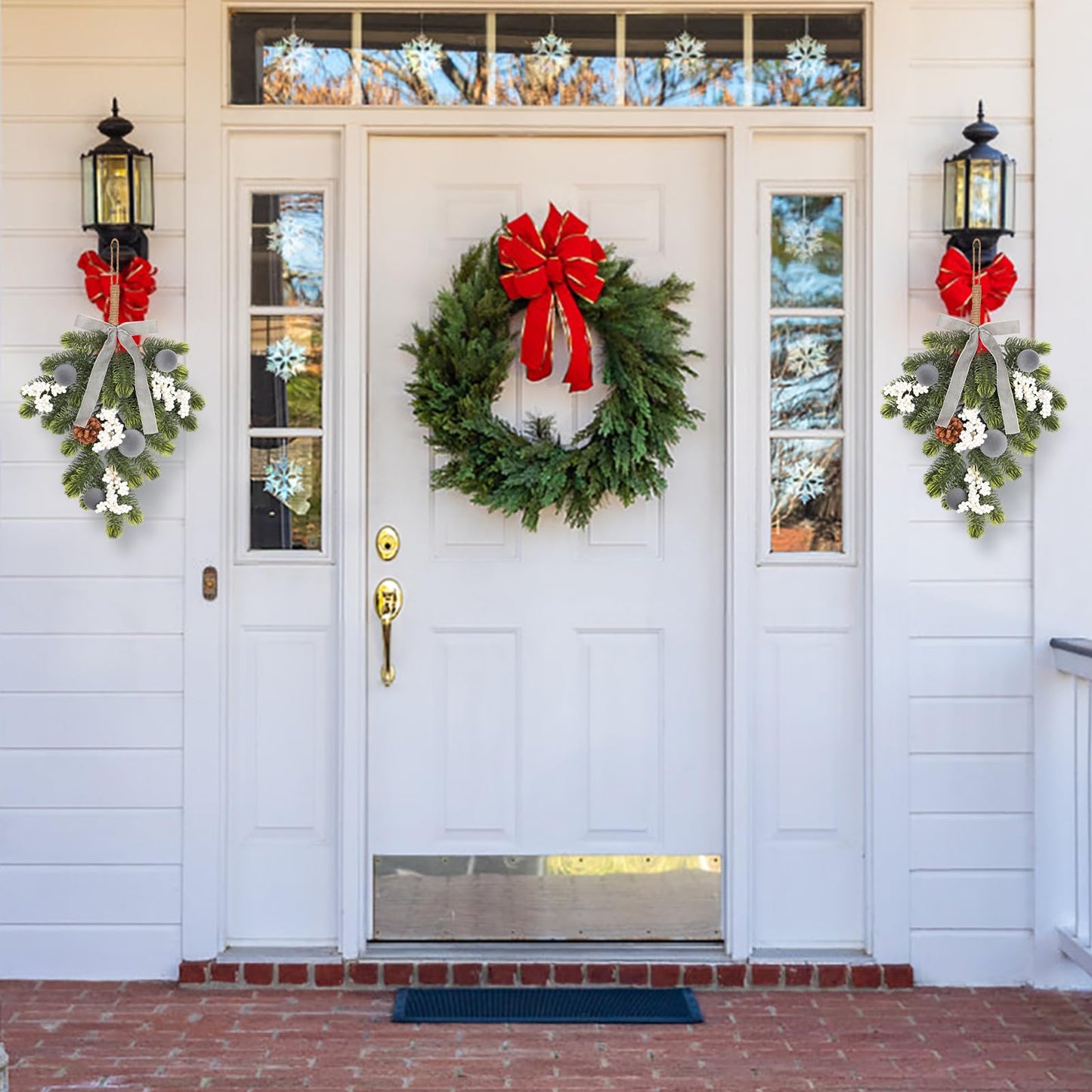 Super Holiday Christmas 2PCS Artificial Green Plant Wreaths Grey Velvet Bow