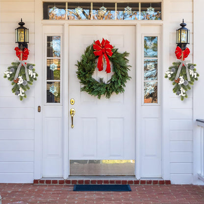 Super Holiday Christmas 2PCS Artificial Green Plant Wreaths Grey Velvet Bow