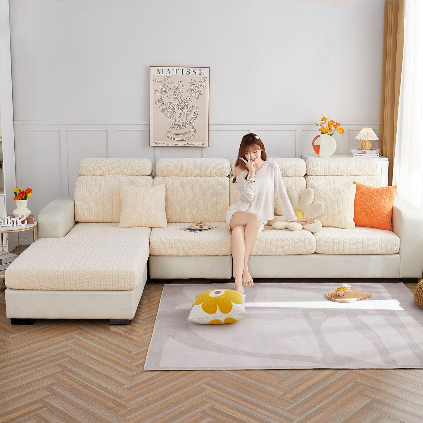Disayu Sofa Couch Cover Stretch Washable Slipcover Beige Large Double Seat