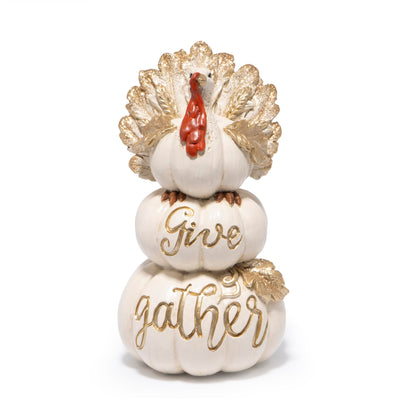 Hodao Thanksgiving Pumpkin Turkey Figurine 3 Stacked Pumpkins White Resin