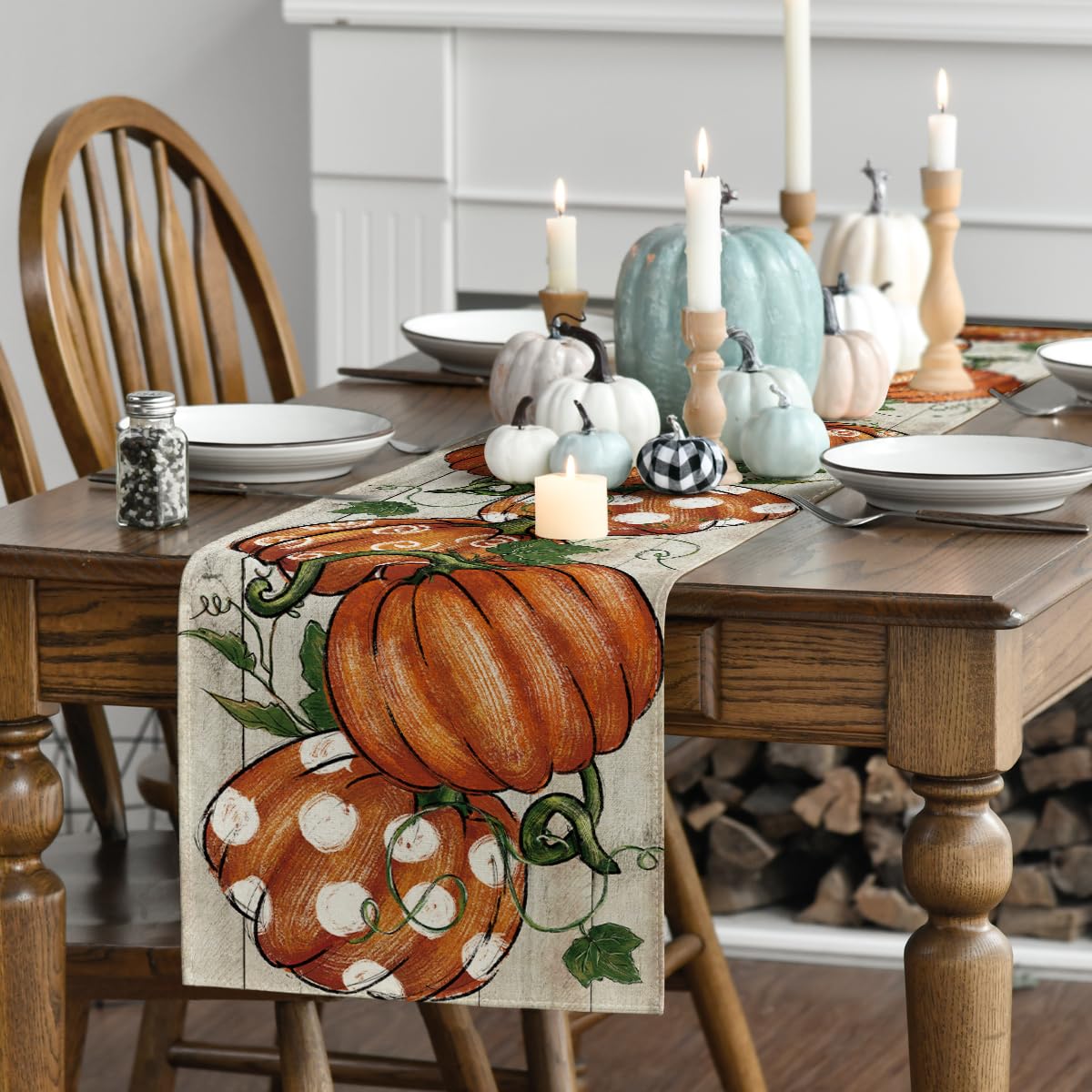 Artoid Mode Polka Dot Pumpkins Vine Wood Fall Table Runner 13x36 Inch