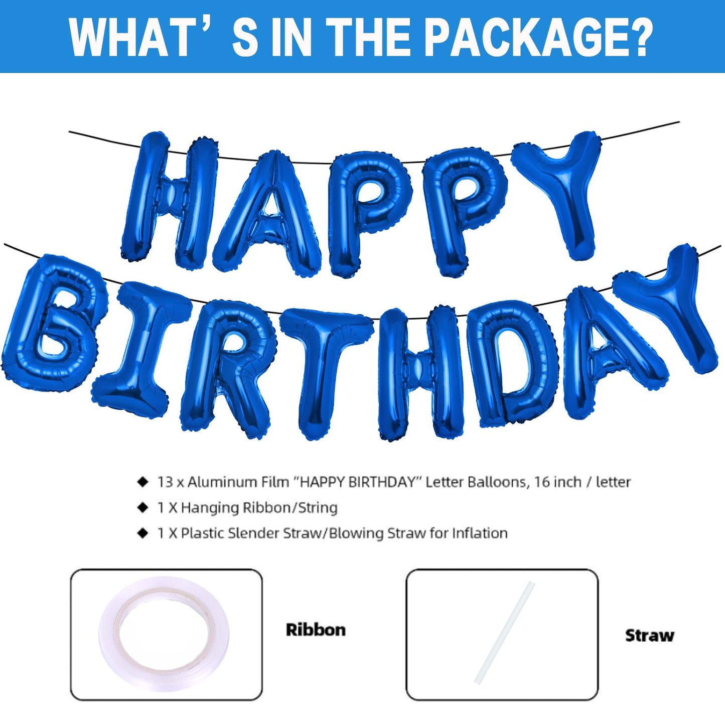 PIGETALE 16in Royal Blue Happy Birthday Balloon Banner 13pcs Aluminum