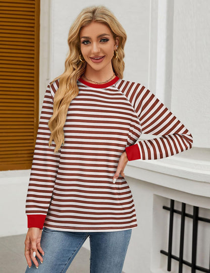 Misyula Style Plus Size Striped Crewneck Sweatshirt Red Brown Size XXL