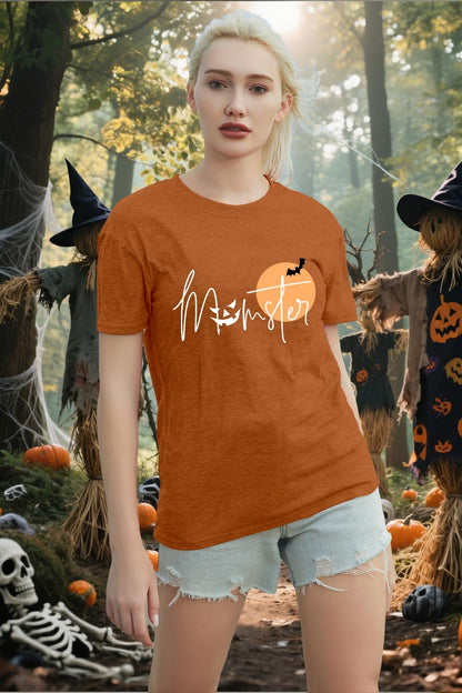 NEWKA Halloween Momster TShirt Women Funny Spider Bat Letter Print Brown Size XL