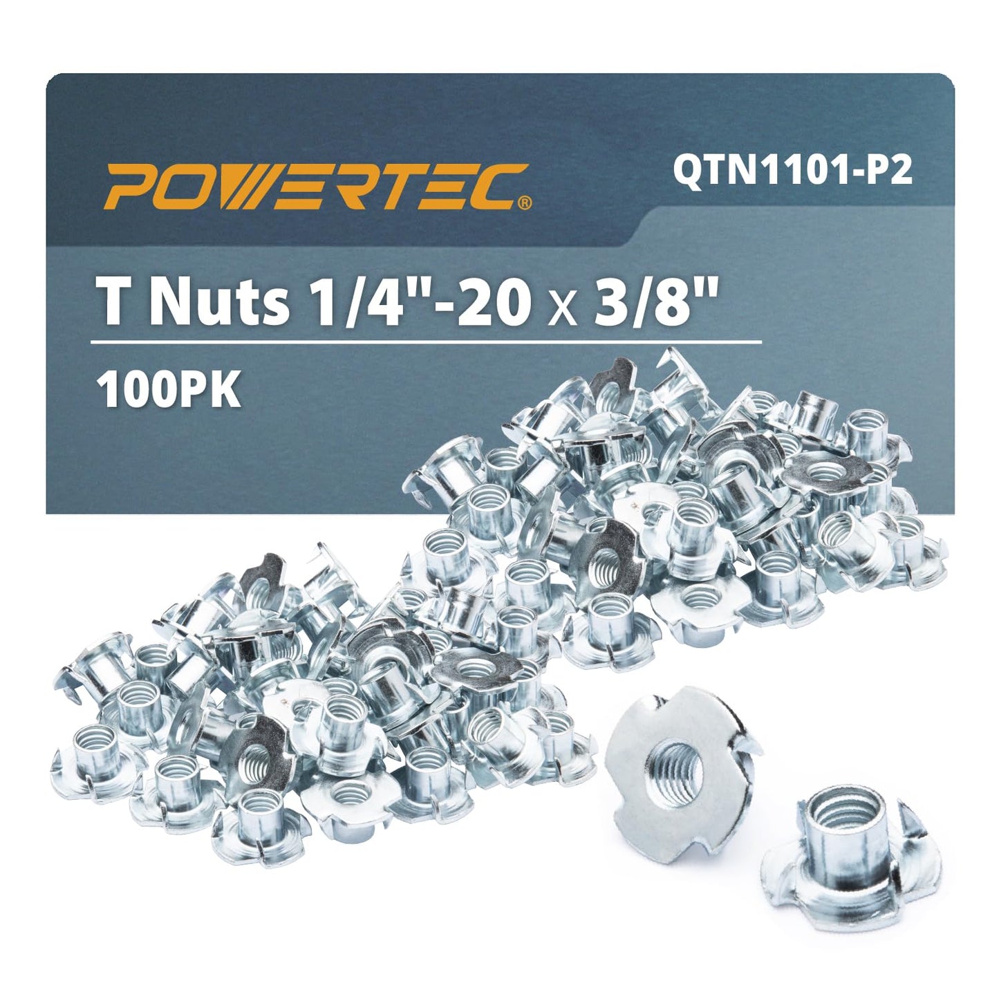 POWERTEC 1/4-20 4 Pronged T Nuts Threaded Inserts Woodworking 3/8" Length 100pcs
