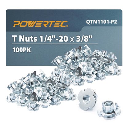 POWERTEC 1/4-20 4 Pronged T Nuts Threaded Inserts Woodworking 3/8" Length 100pcs