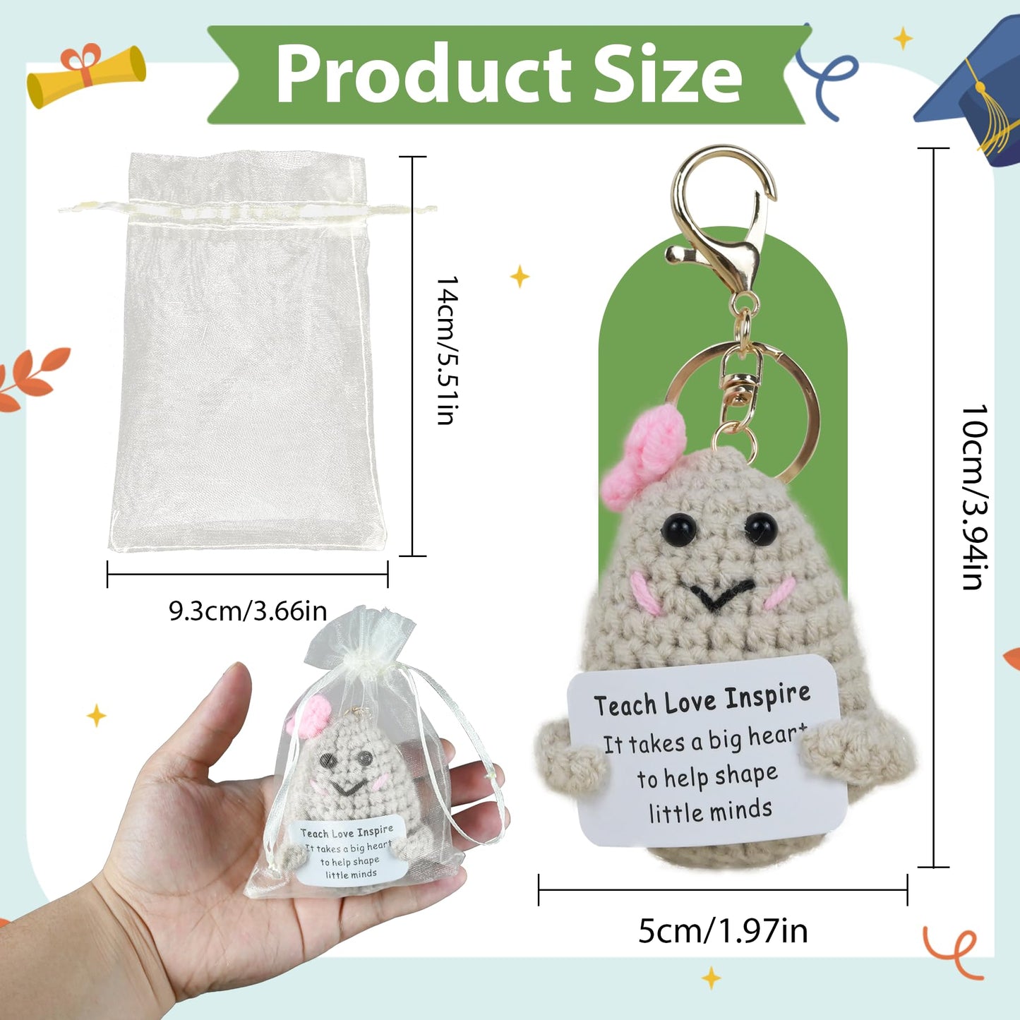 4pc Inspirational Crochet Potato Keychain Set Green with Organza Bag 2.36"