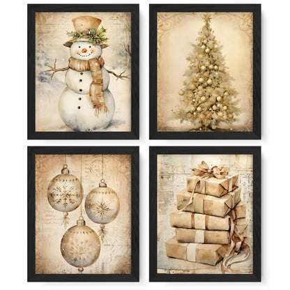 JXREQ Vintage Christmas Wall Art Prints 8x10 Snowman Tree Set of 4 Unframed