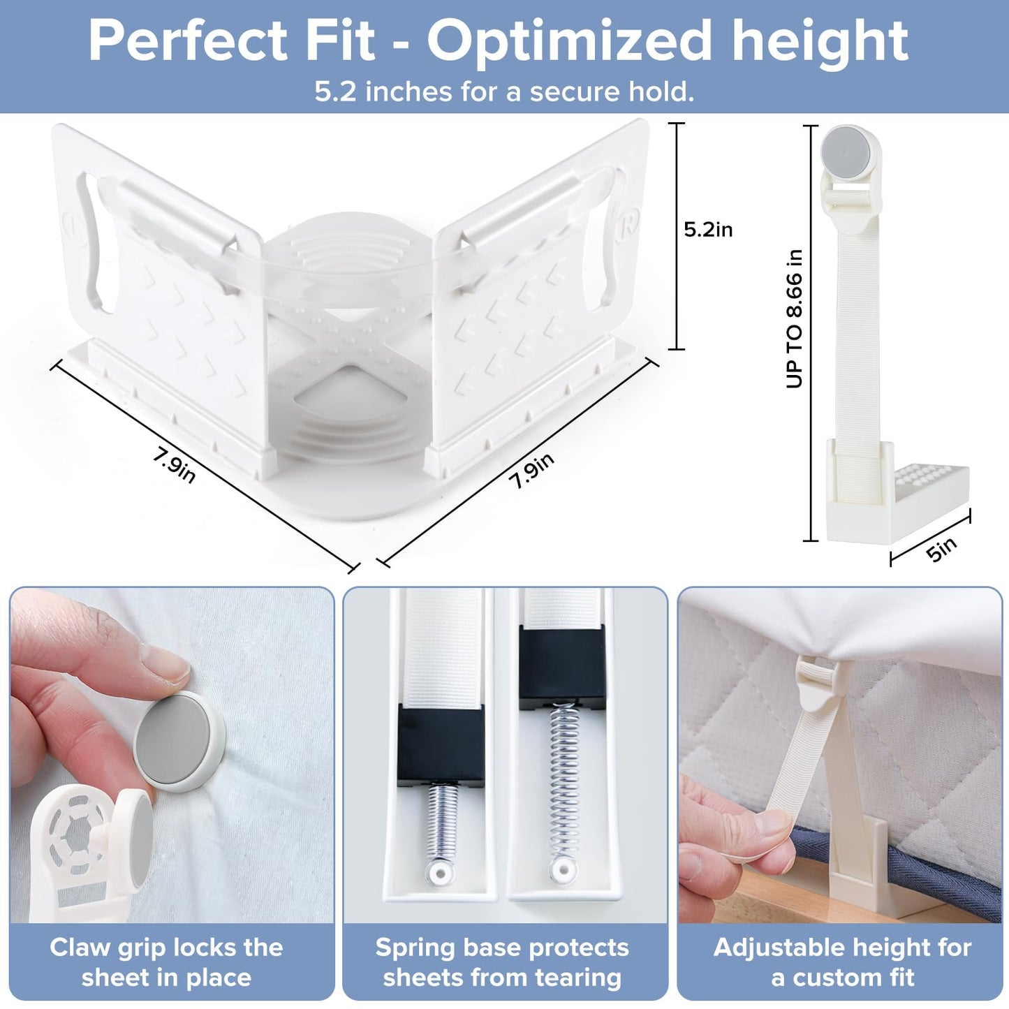 Moskiboly Upgraded Lock Bed Sheet Holders with Center Clips White Standard