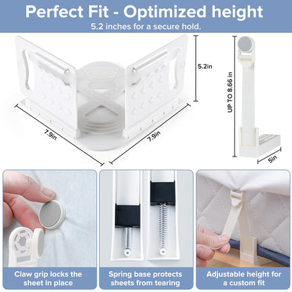 Moskiboly Upgraded Lock Bed Sheet Holders with Center Clips White Standard