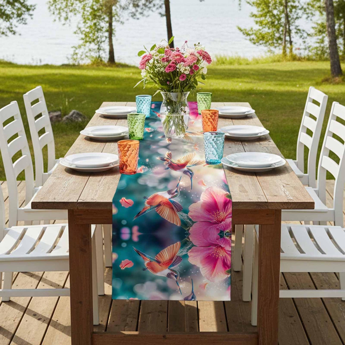 Perdecor Spring Hummingbird Pink Petals Table Runner 13x70in Cotton Linen