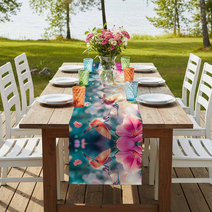 Perdecor Spring Hummingbird Pink Petals Table Runner 13x70in Cotton Linen