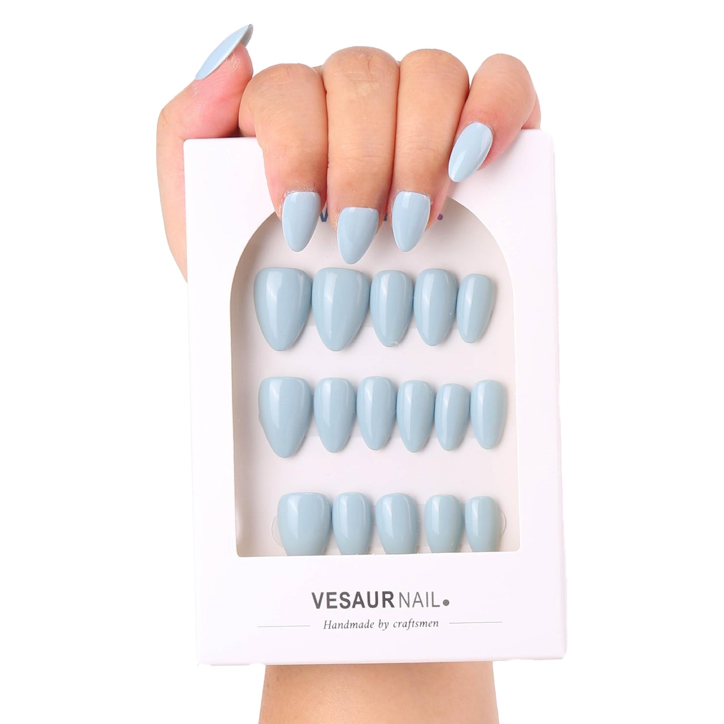 KBS Designer Handmade Press On Nails Blue Short French Tip Almond 16 Sizes Kit