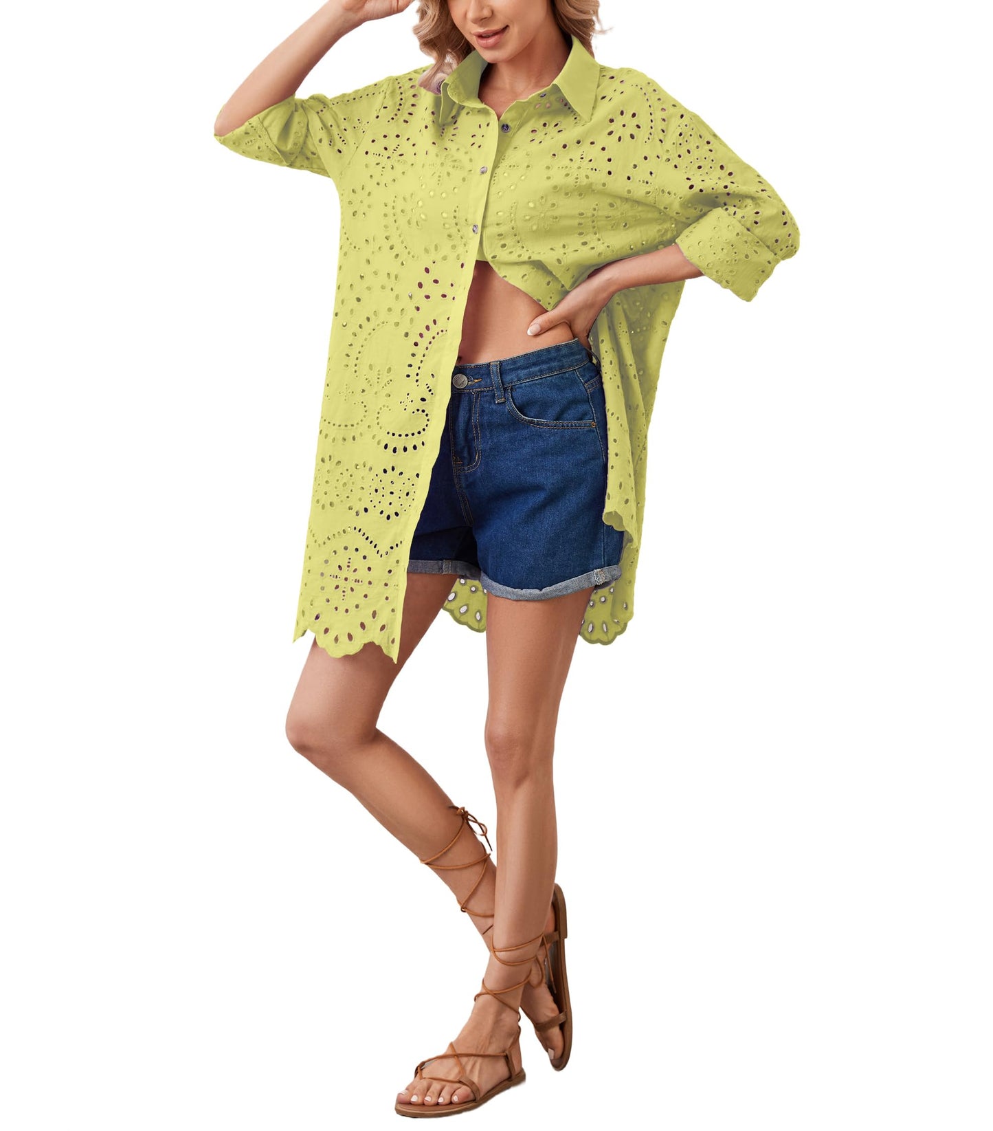 AIHUKOCY Women Hollow Out Button Down V Neck Long Sleeve Mini Dress Yellow M