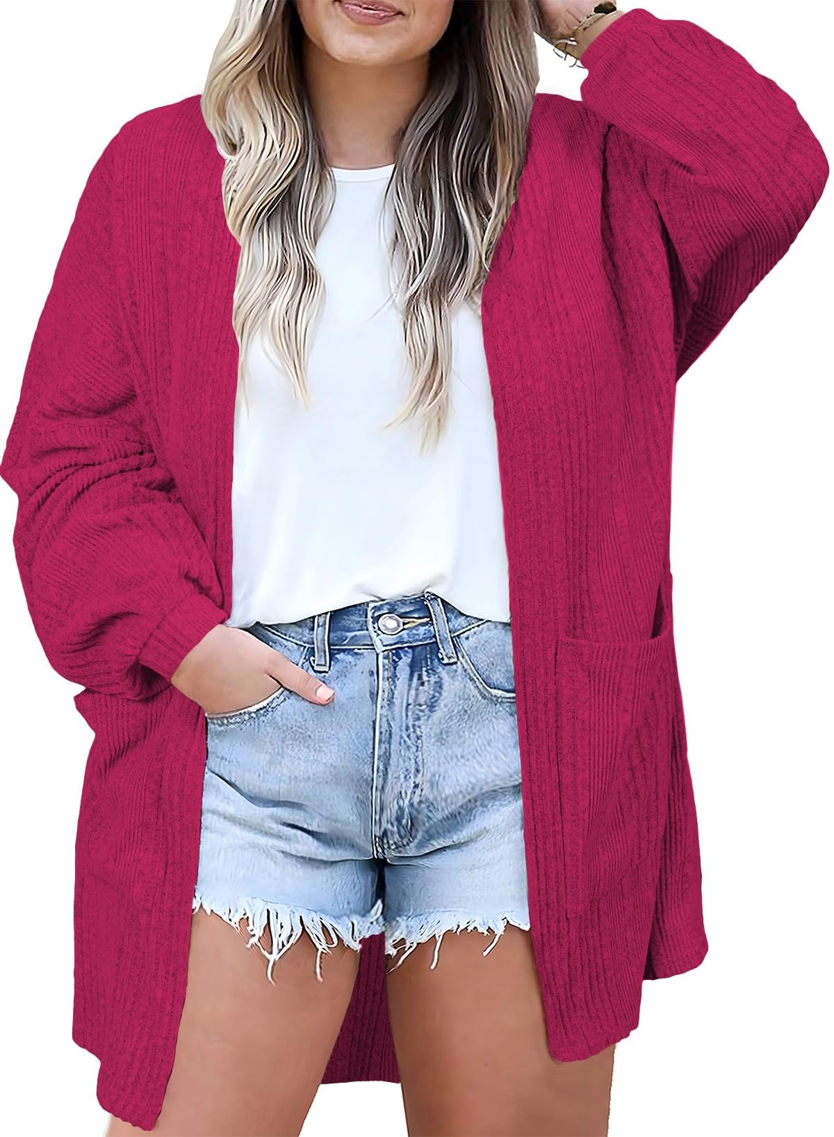 Eytino Womens Plus Size Casual Open Front Long Sleeve Red Dahlia Size 2XL