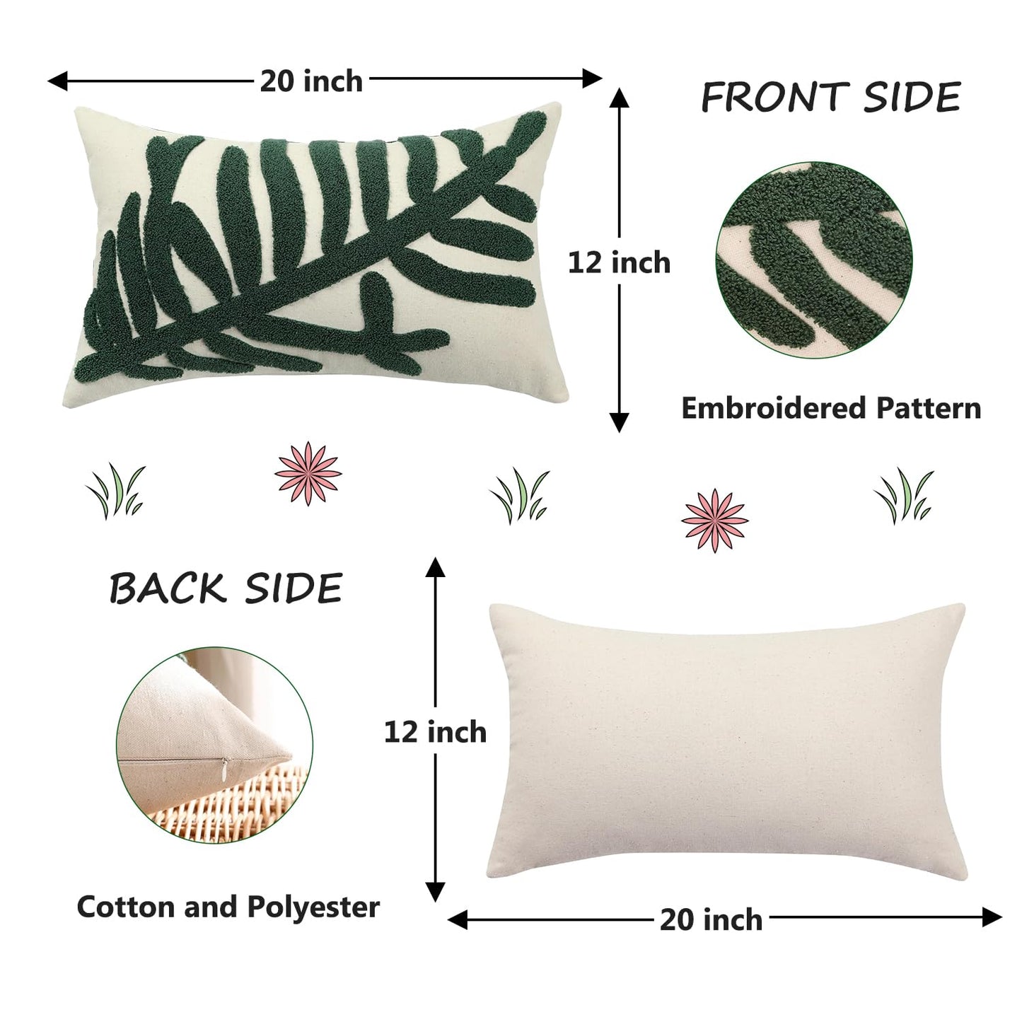Tosleo 12x20in Green Tropical Leaf Embroidered Pillow Covers 2 Pack