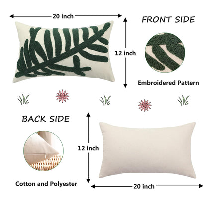 Tosleo 12x20in Green Tropical Leaf Embroidered Pillow Covers 2 Pack