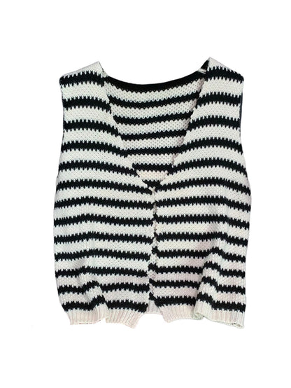 SOLY HUX Women's Striped V Neck Sweater Vest Sleeveless Cardigan Black Beige S