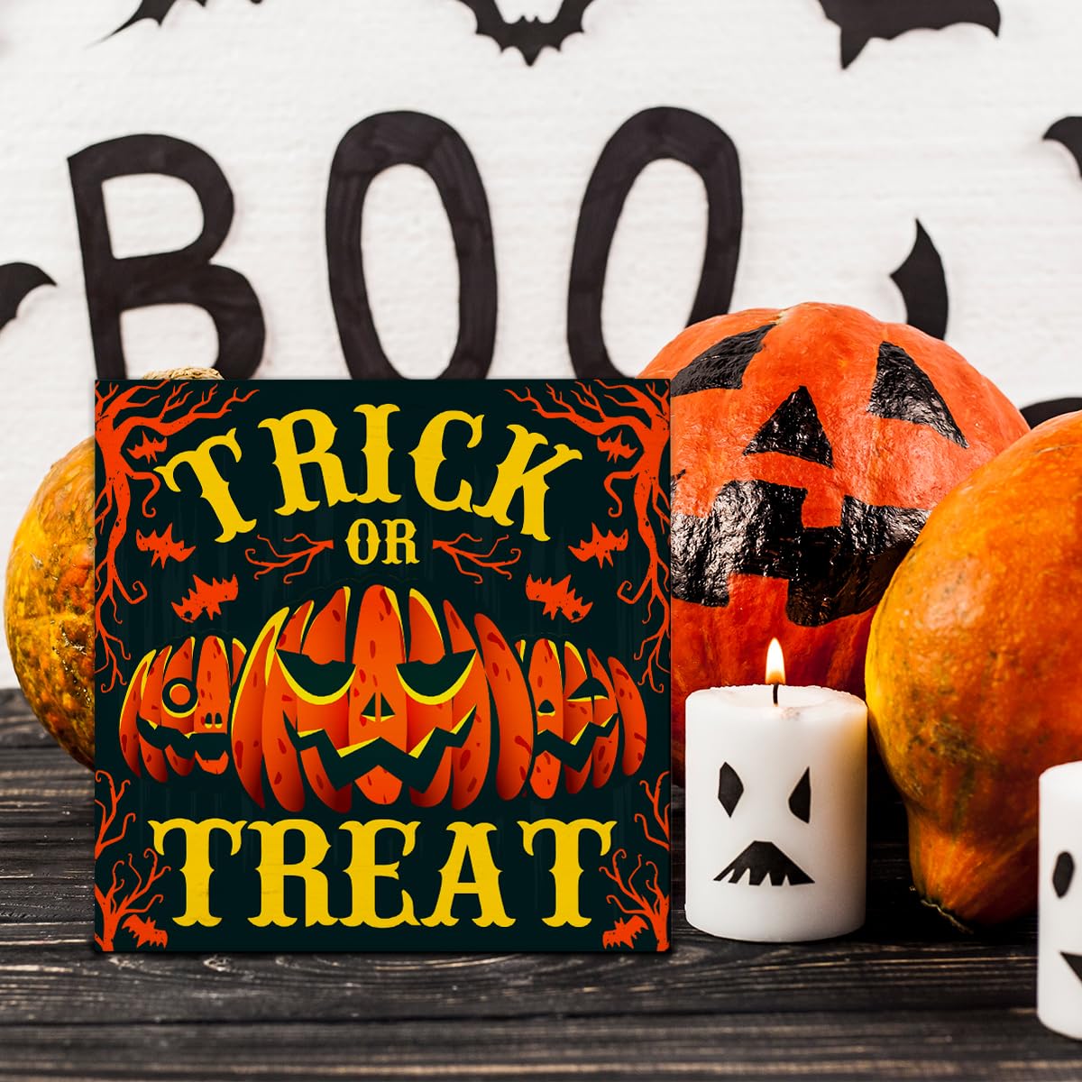 Hijie Halloween Wooden Pumpkin Sign Spooky Home Decor 5x5 Inches TREAT