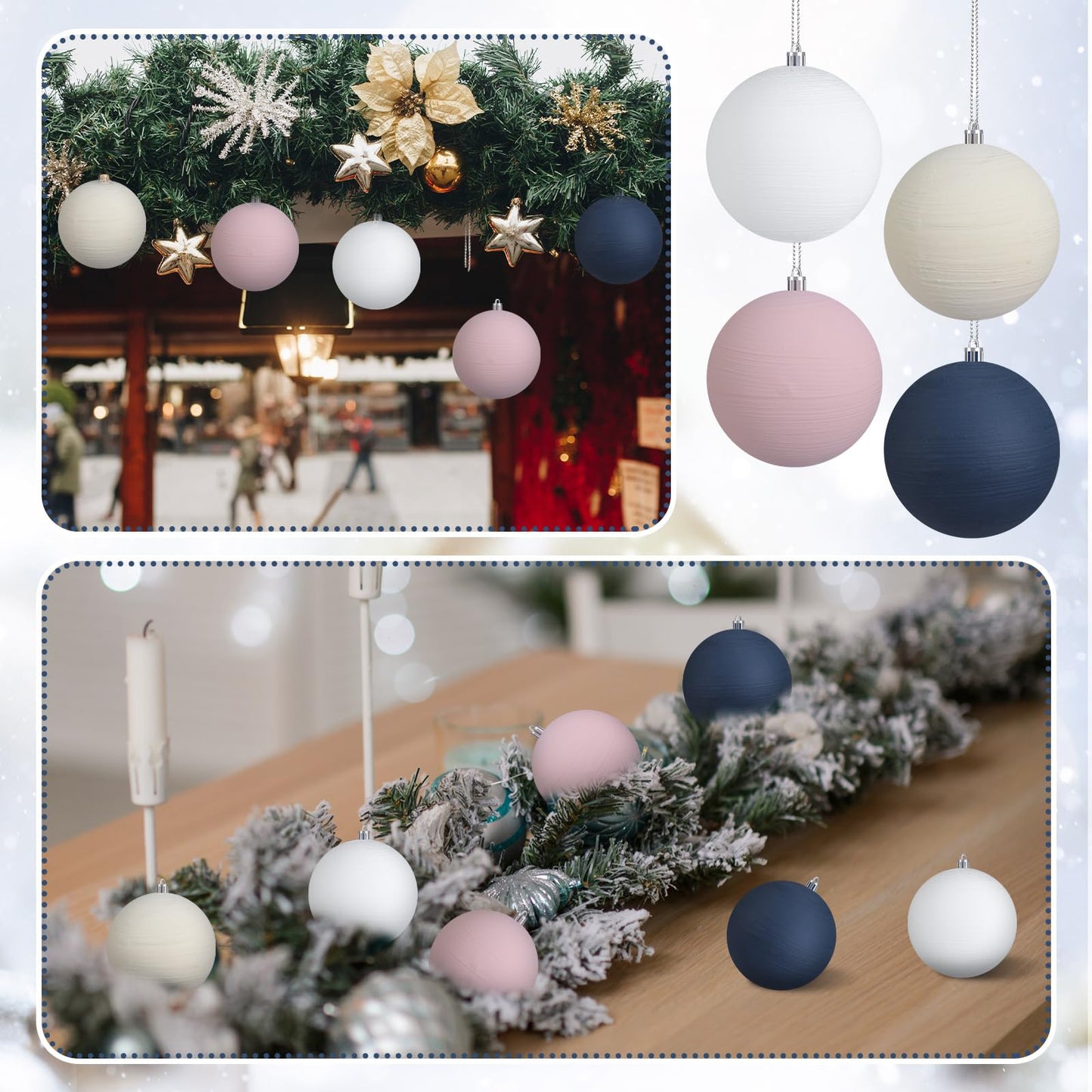 MiniInflat 12 Pc 4Inch Neutral Textured Christmas Ball Ornaments Cream Blue Pink