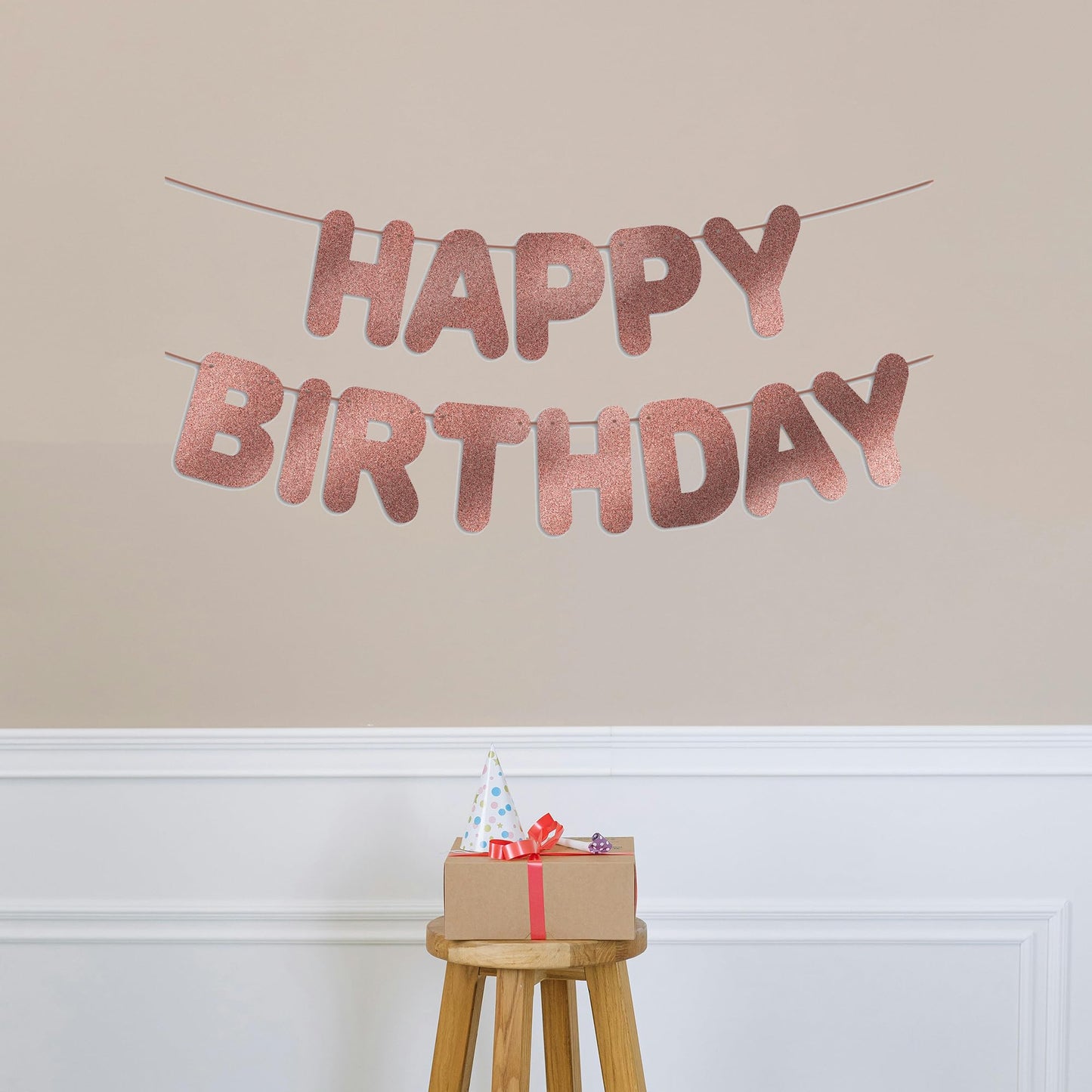JunyRuny Pre-Strung Happy Birthday Banner Rose Gold Glitter Party Decor