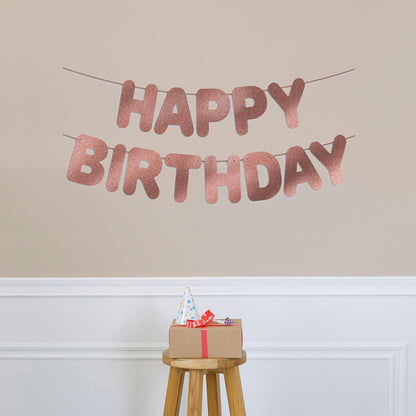 JunyRuny Pre-Strung Happy Birthday Banner Rose Gold Glitter Party Decor