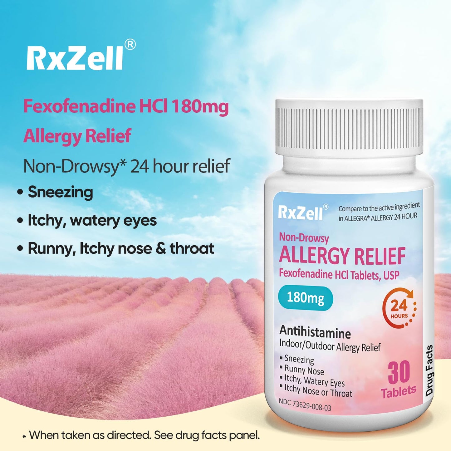 RXZELL Fexofenadine HCl 180mg 24-Hour Antihistamine Non-Drowsy 30 Count