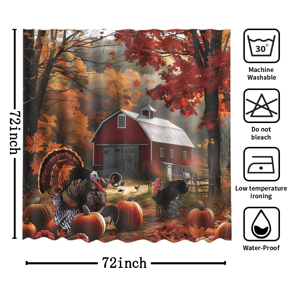 MEHOFOND Thanksgiving Waterproof Fabric Shower Curtain Red Barn 72x72 Inch