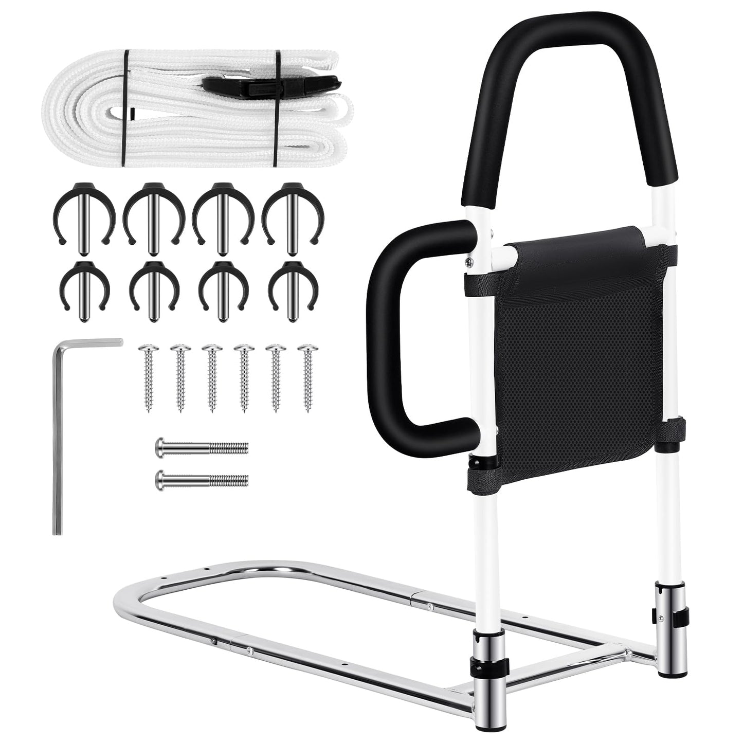 Okvpajdo Adjustable Bed Rail with 2Grab Bars Safety Guard Black White King Queen