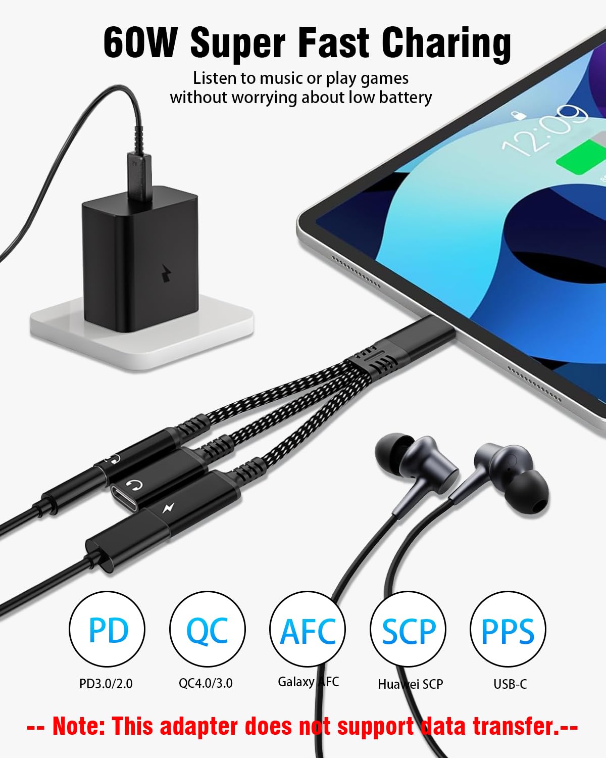 tiavalmax USB C Splitter 3.5mm Headphone Charger Adapter 60W PD Fast Black