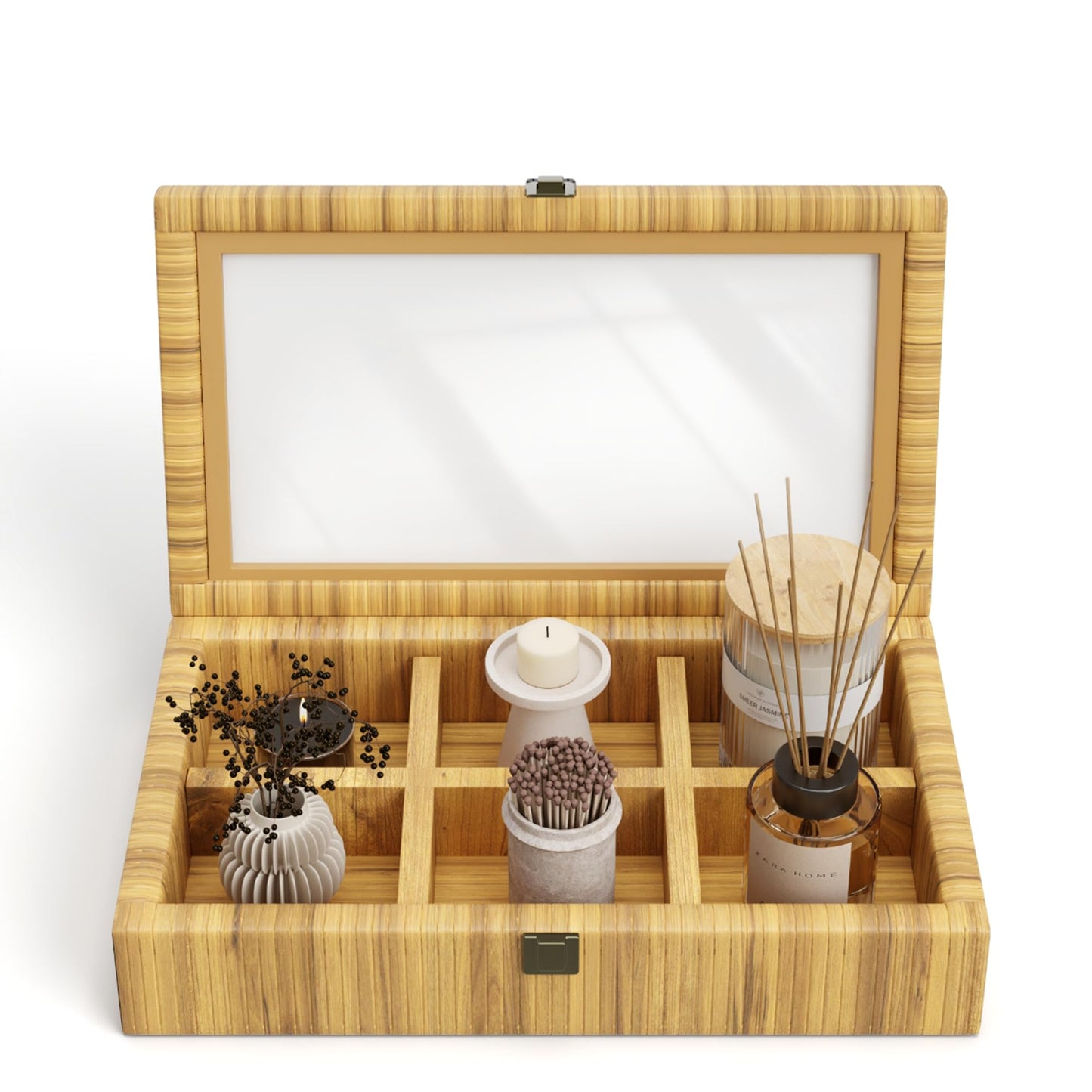 Fllamo Rattan Storage Box with Lid 6 Compartments Brown 11.8x7.8x3in
