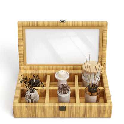 Fllamo Rattan Storage Box with Lid 6 Compartments Brown 11.8x7.8x3in